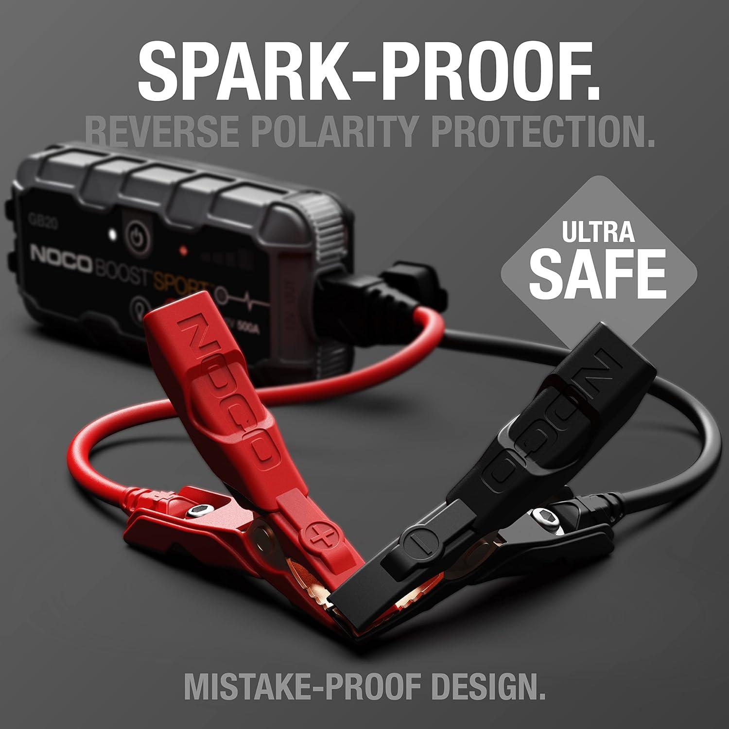 imageNOCO Boost GB20 500A UltraSafe Jump Starter 12V Lithium Battery Booster Pack Portable Jump Box Power Bank ampamp Jumper Cables for 40L Gas Engines