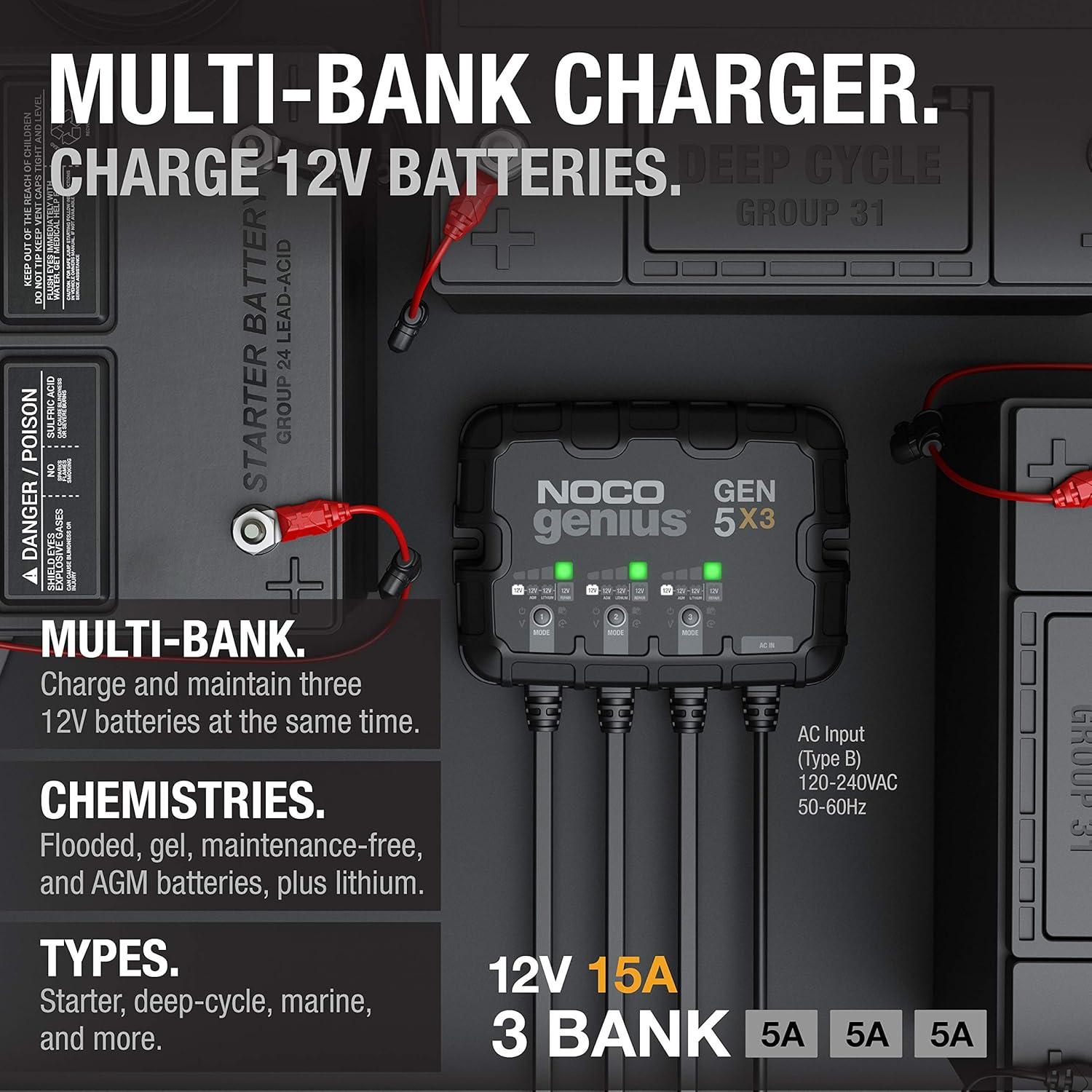 imageNOCO Genius GEN5X3 3Bank 15A Onboard Battery Charger 5A Per Bank 12V Waterproof Marine Charger with Overcharge Protection ampamp Temperature Compensation for LeadAcid ampamp Lithium Batteries15A 5A per Bank