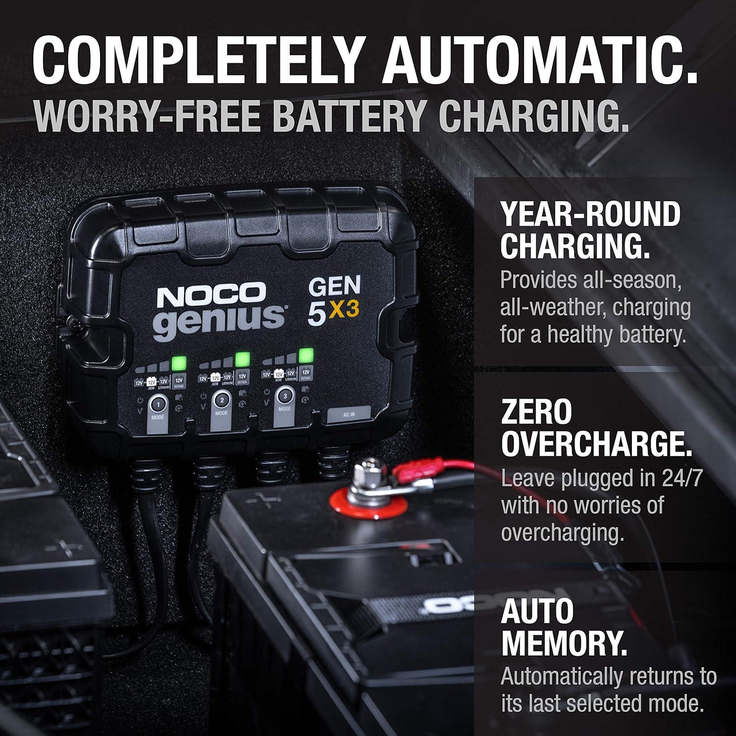 imageNOCO Genius GEN5X3 3Bank 15A Onboard Battery Charger 5A Per Bank 12V Waterproof Marine Charger with Overcharge Protection ampamp Temperature Compensation for LeadAcid ampamp Lithium Batteries15A 5A per Bank