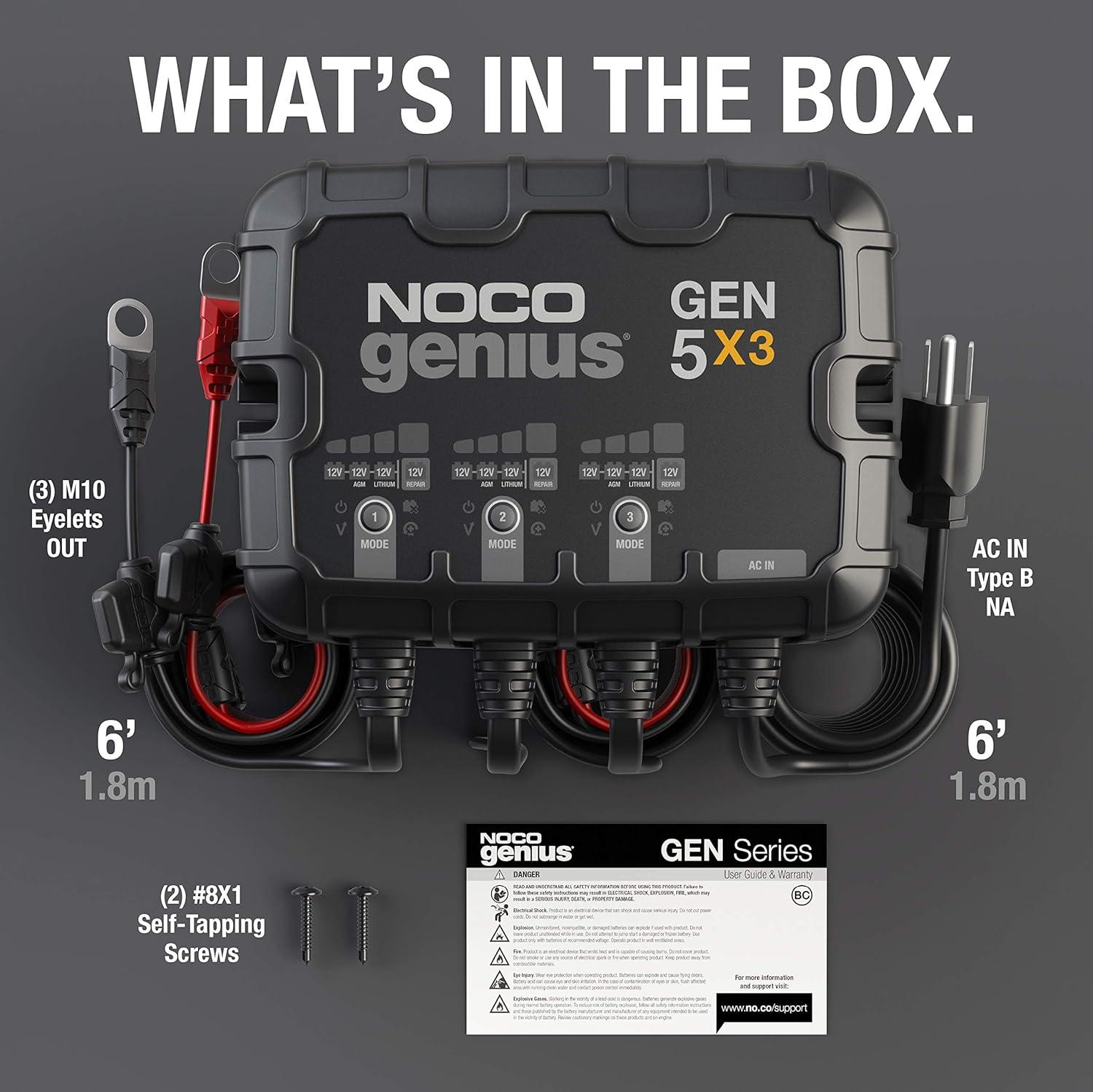 imageNOCO Genius GEN5X3 3Bank 15A Onboard Battery Charger 5A Per Bank 12V Waterproof Marine Charger with Overcharge Protection ampamp Temperature Compensation for LeadAcid ampamp Lithium Batteries15A 5A per Bank