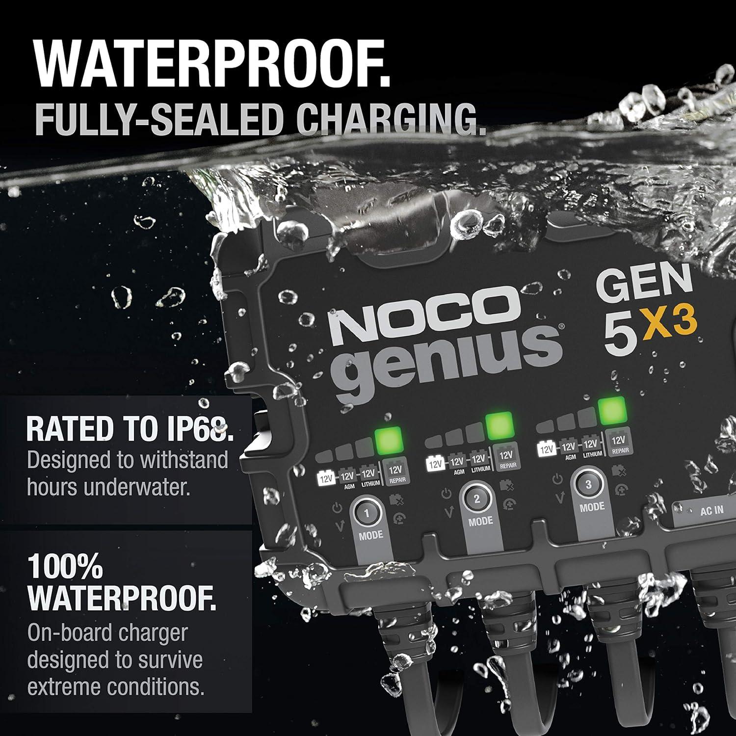 imageNOCO Genius GEN5X3 3Bank 15A Onboard Battery Charger 5A Per Bank 12V Waterproof Marine Charger with Overcharge Protection ampamp Temperature Compensation for LeadAcid ampamp Lithium Batteries15A 5A per Bank