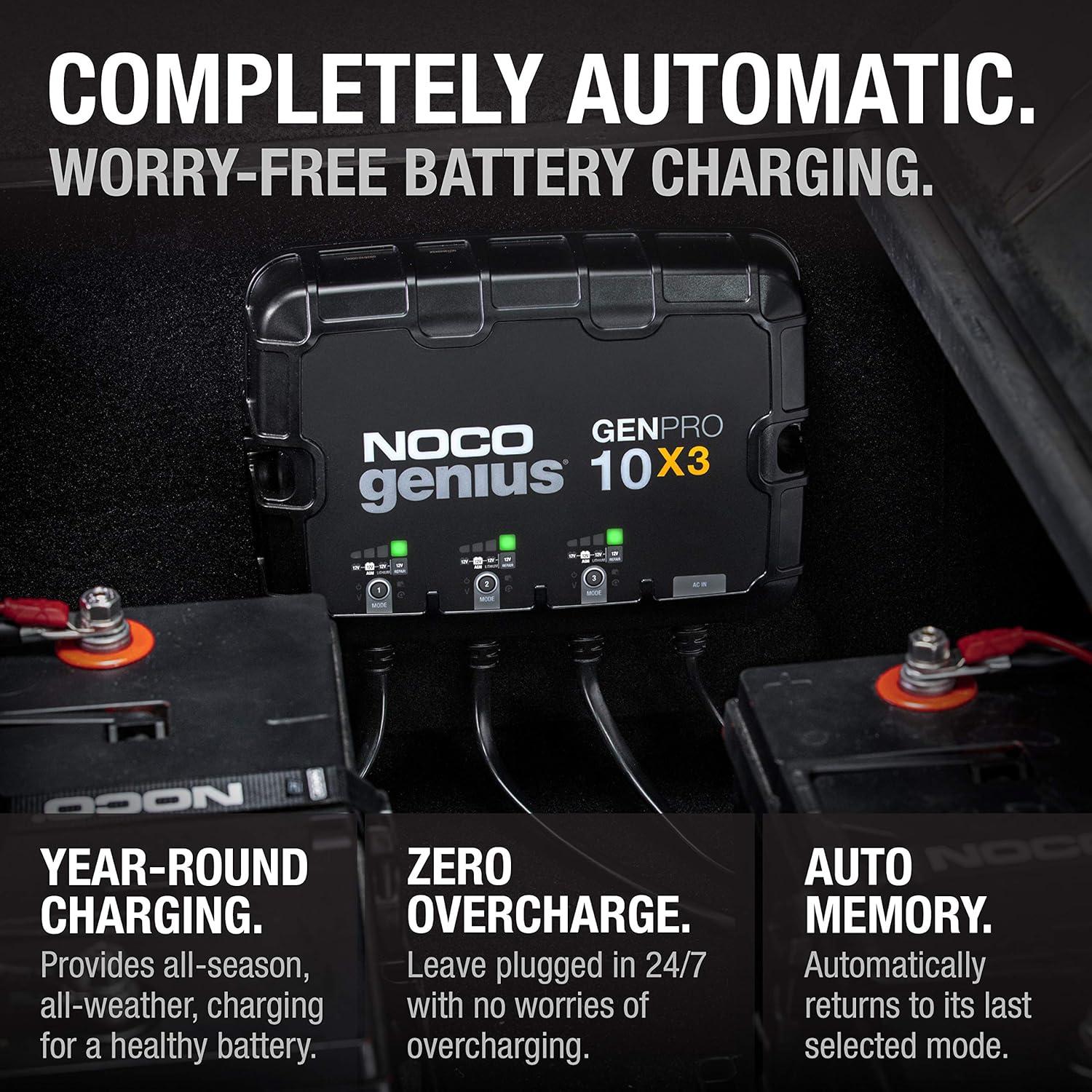 imageNOCO Genius GENPRO10X3 3Bank 30A 10ABank Smart Marine Battery Charger 12V Waterproof Onboard Boat Charger Battery Maintainer and Desulfator for AGM Lithium LiFePO4 and DeepCycle Batteries30A 10A per Bank
