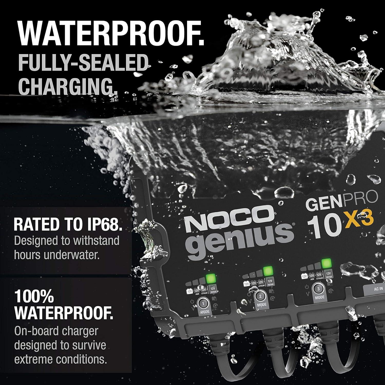 imageNOCO Genius GENPRO10X3 3Bank 30A 10ABank Smart Marine Battery Charger 12V Waterproof Onboard Boat Charger Battery Maintainer and Desulfator for AGM Lithium LiFePO4 and DeepCycle Batteries30A 10A per Bank