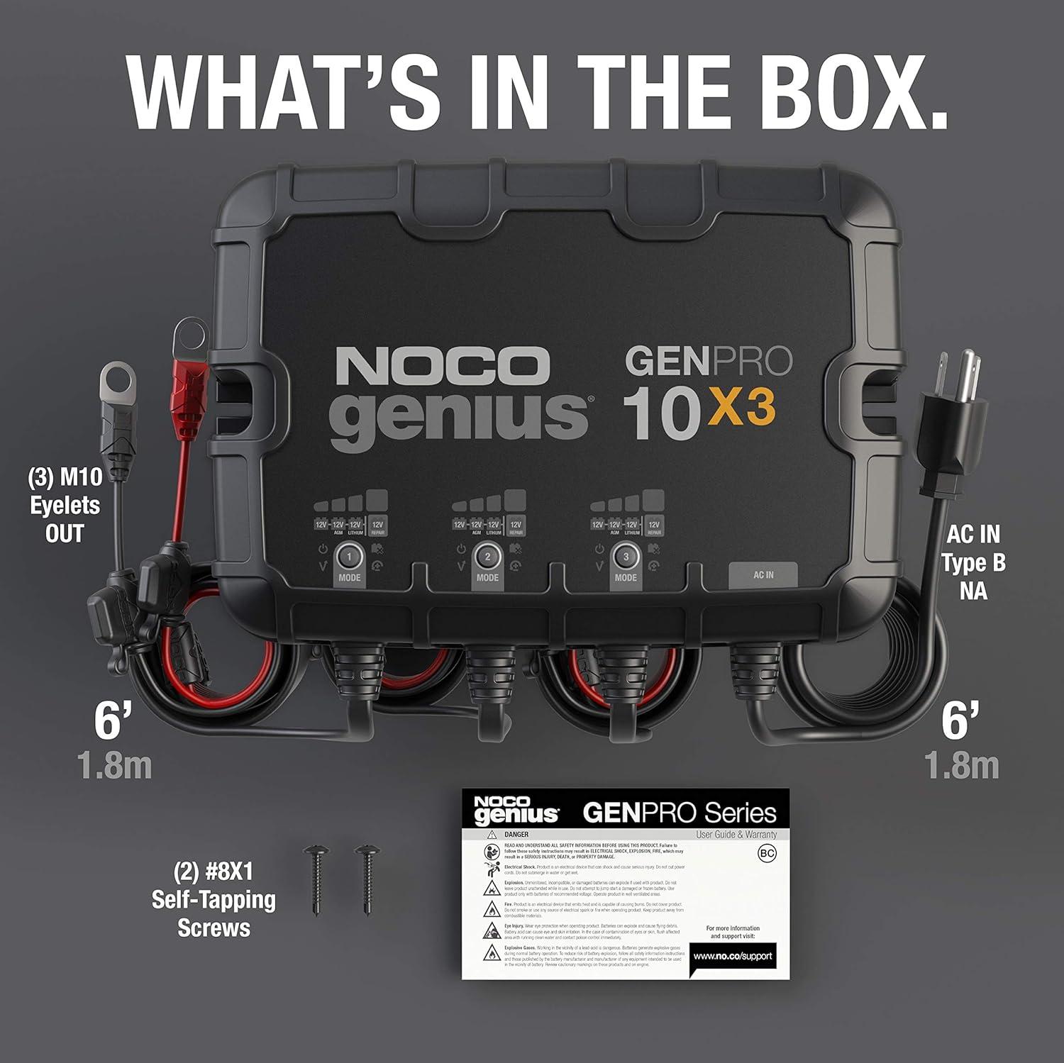 imageNOCO Genius GENPRO10X3 3Bank 30A 10ABank Smart Marine Battery Charger 12V Waterproof Onboard Boat Charger Battery Maintainer and Desulfator for AGM Lithium LiFePO4 and DeepCycle Batteries30A 10A per Bank