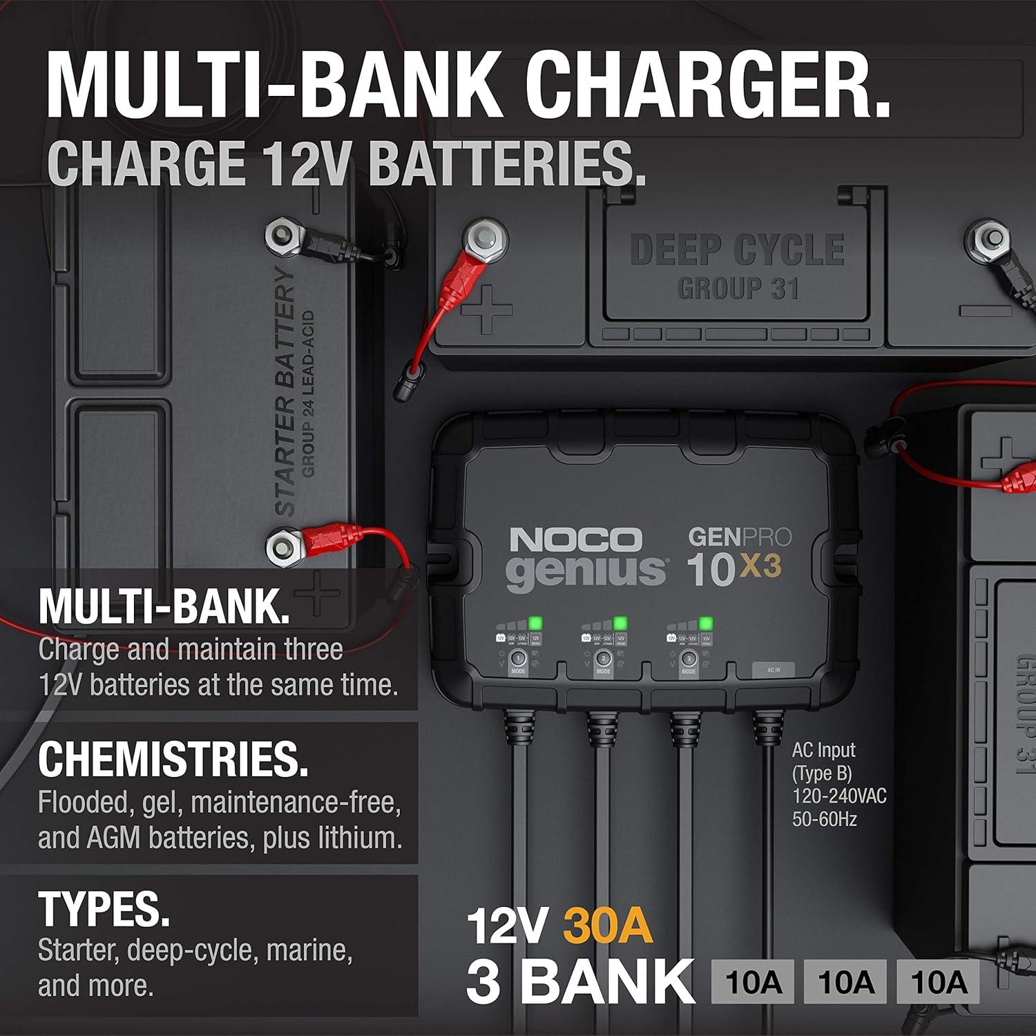 imageNOCO Genius GENPRO10X3 3Bank 30A 10ABank Smart Marine Battery Charger 12V Waterproof Onboard Boat Charger Battery Maintainer and Desulfator for AGM Lithium LiFePO4 and DeepCycle Batteries30A 10A per Bank